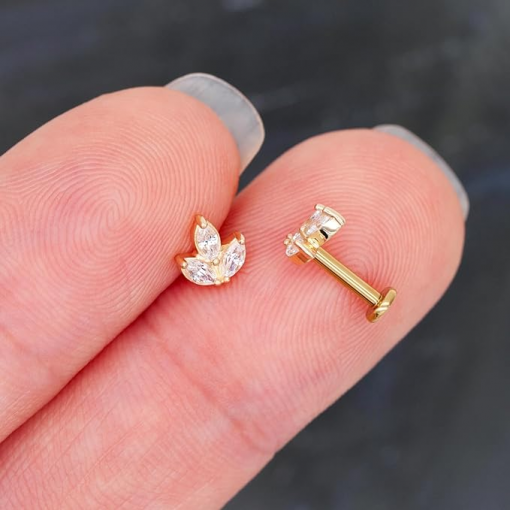 Labret tytanowy cyrkonie złoty Liść 1.2 х 8