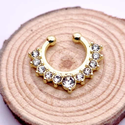 Fake piercing do nosa z kryształkami Złoty