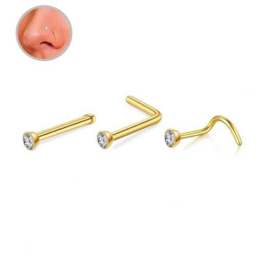 Nostril-Piercing Stahl Goldfarben mit Stein im Bezel-Fassung L-Form - piercinglux.com