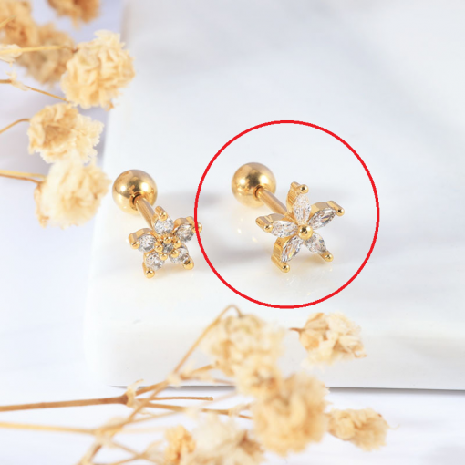 Kolczyk do piercingu ucha ze stali Kwiat Duży z kryształkami Złoty