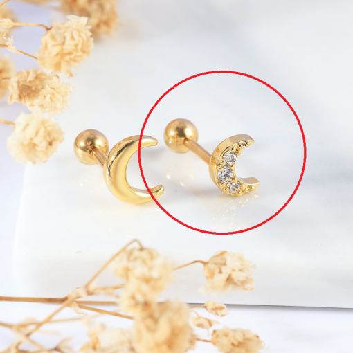 Kolczyk do piercingu ucha ze stali Księżyc z kryształkami Złoty