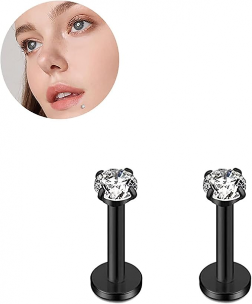 Labret ze stali z białym kryształkiem Czarny 1.2